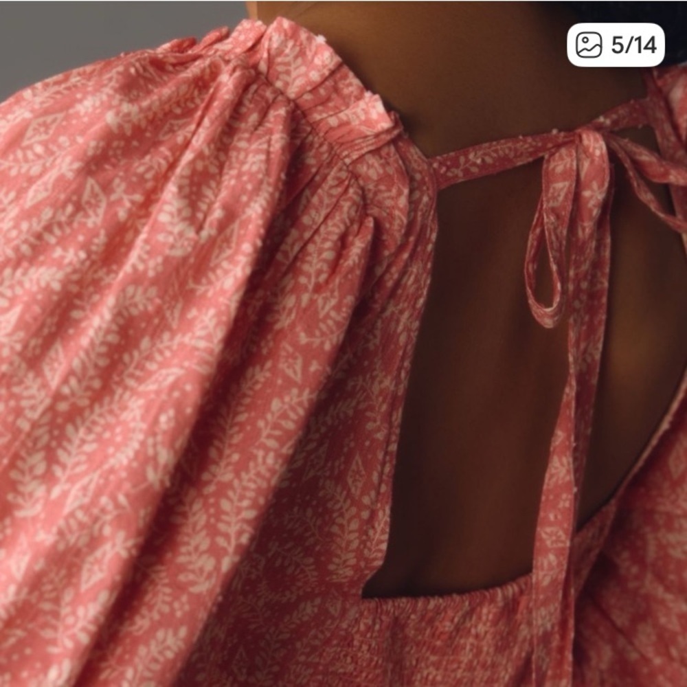 Anthropologie Pilcro pink floral babydoll mini dress with gathered sleeves. L - Picture 5 of 13